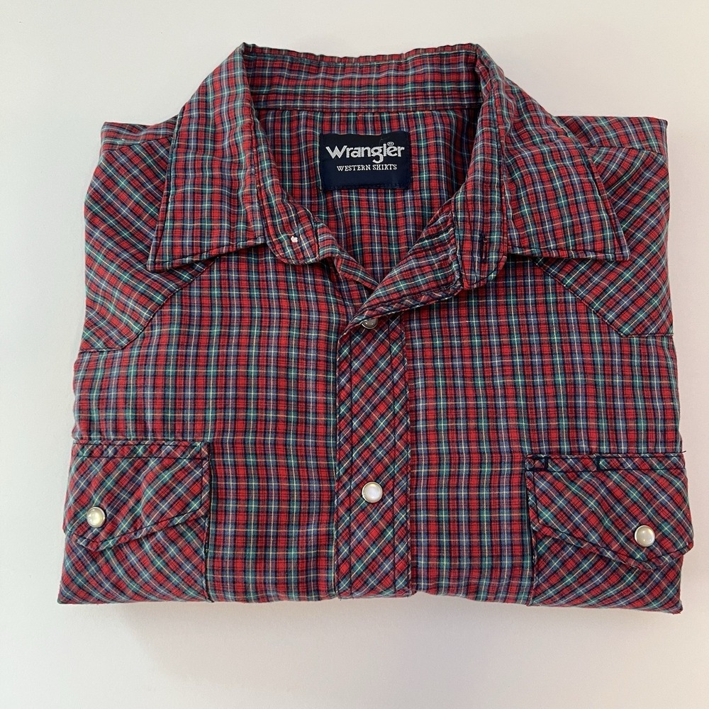 Wrangler Western Shirt Mens Plaid‎ Pearl Snap Long Sleeve Cowboy Rodeo